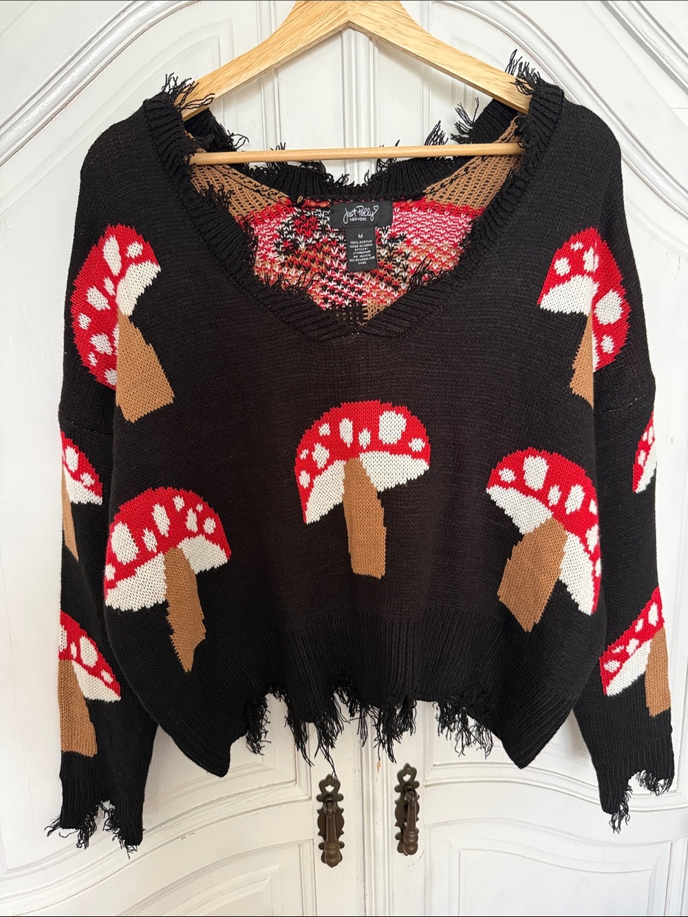 Just Polly NY Mushroom Distressed Knit Sweater Black Red Edgy Whimsygoth Size M